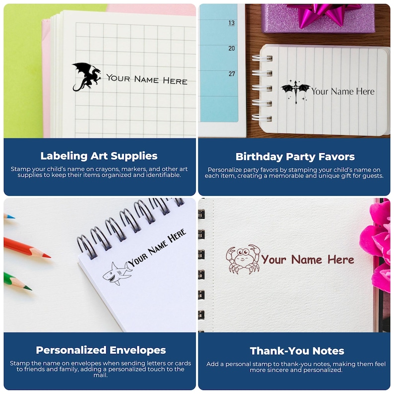 Image showcasing a self ink stamp and wooden signature stamp used as a name stamp for business. Ideal for labeling art supplies, personalizing birthday party favors, customizing envelopes, and enhancing thank-you notes with a unique touch.