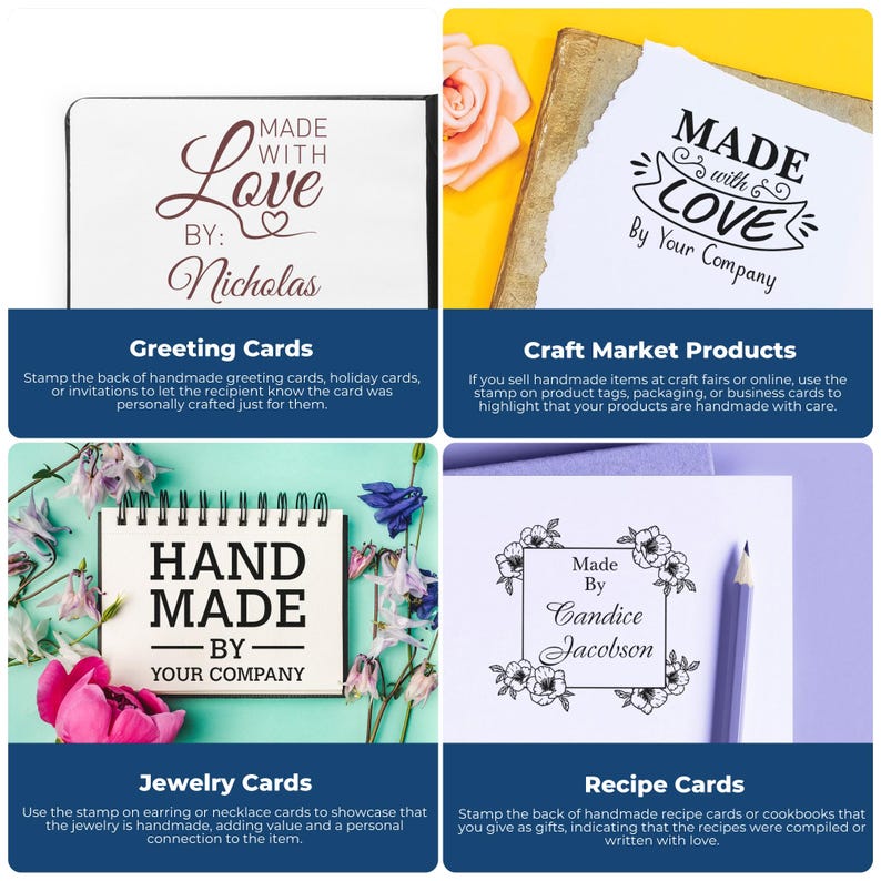 Image showing four examples of handmade tags and stamps used on various products. Keywords: Designed By, Handmade Tag, Hand Made Stamps. The tags include "Made with Love by Nicholas" on greeting cards, "Made with Love by Your Company" on craft marke