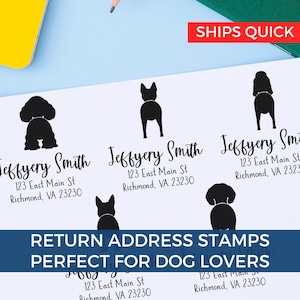 May include: Five different return address stamp designs featuring various dog breeds. Each stamp includes the text "Jeffery Smith" and the address "123 East Main St Richmond, VA 23230".