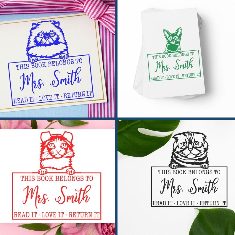 Custom library stamp featuring cute animal designs with Read Love Return Stamp text. Perfect library gift for book lovers. Ideal for library themed gifts, adding a personal touch to any book collection.