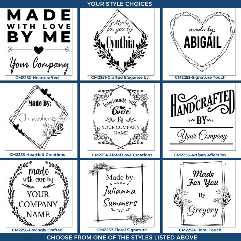 Image showing nine different square designs of wooden stamps with phrases like "Made with Love by Me," "Made by Cynthia," and "Handcrafted by Your Company." Keywords: Hecho A Mano, Wooden Stamp, Handmade With Love.