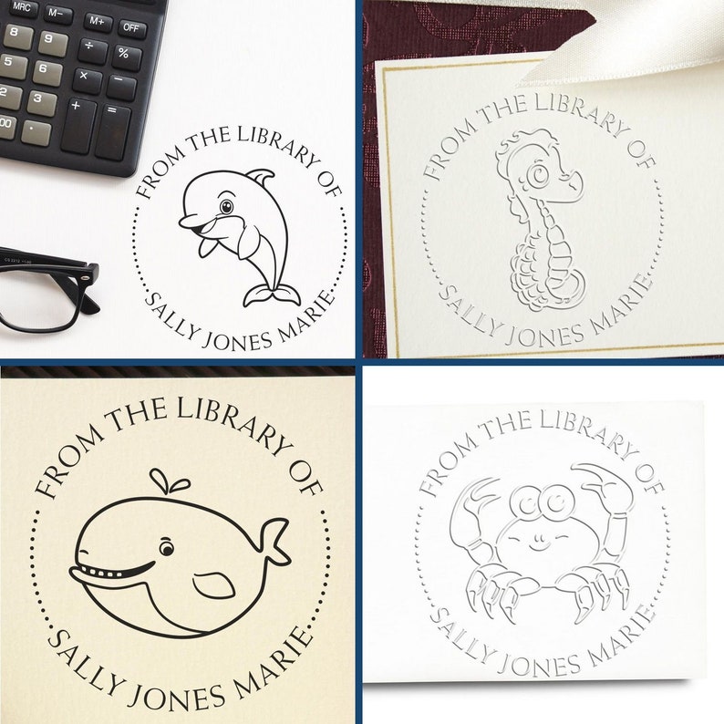 Cute personalized book embosser designs featuring a dolphin, seahorse, whale, and crab. These customized embossing stamps add charm to any library. Perfect for book lovers seeking a unique, cute book embosser for their collection.