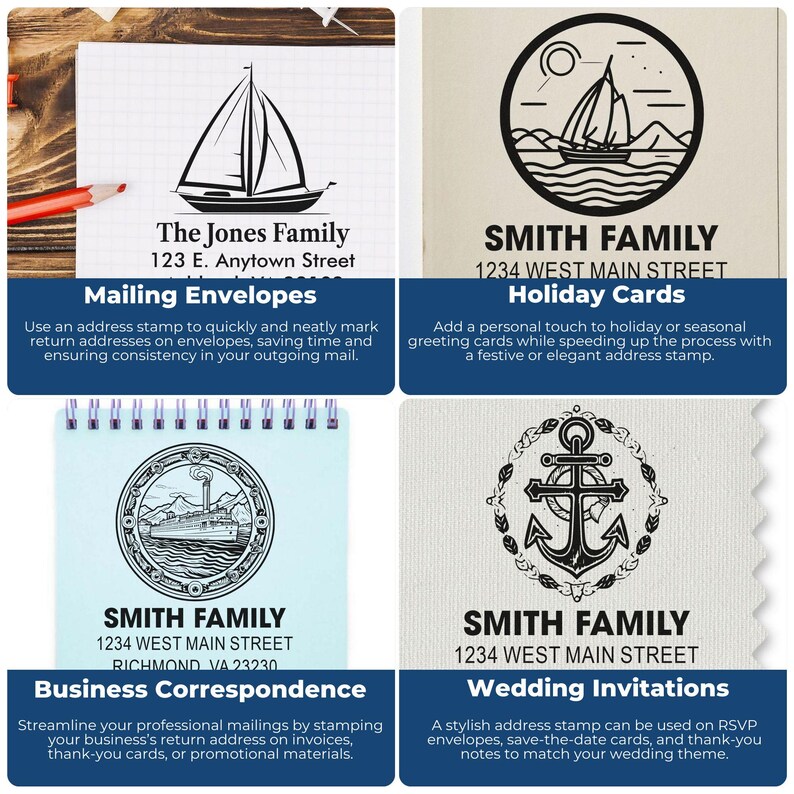 May include: Four address stamp designs with nautical themes. The stamps include a sailboat, a ship, and an anchor. Text includes "The Jones Family" and "Smith Family" with addresses. The stamps are for mailing envelopes, holiday cards, business correspondence, and wedding invitations.