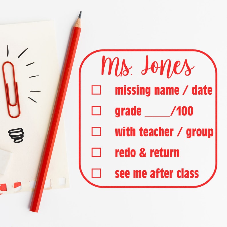 Personalized stamp for teachers featuring a self-inking design. This self-inking custom stamp includes options for missing name/date, grade, and more, perfect for classroom use. Ideal for educators seeking efficient feedback tools.