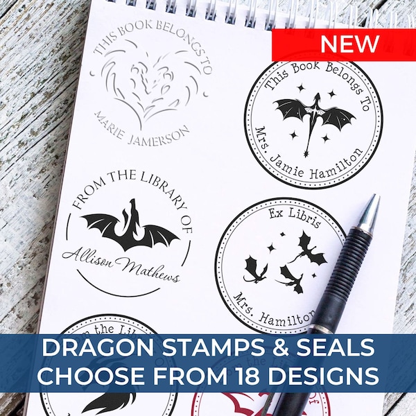 Dragon Book Embosser Personalized, Ex Libris Seal, This Book Belongs To, Fourth Wing Dragon, Flying Dragons, Rubber Stamp, Self-Inking Stamp