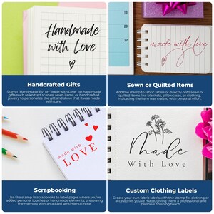 Image showing four sections: "Handcrafted Gifts" with a "Handmade with Love" stamp on a notebook, "Sewn or Quilted Items" with a "made with love" stamp on fabric, "Scrapbooking" with a "made with LOVE" stamp on paper, and "Custom Clothing Labels"