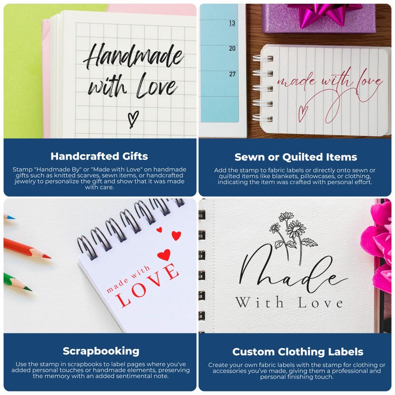 Image showing four sections: "Handcrafted Gifts" with a "Handmade with Love" stamp on a notebook, "Sewn or Quilted Items" with a "made with love" stamp on fabric, "Scrapbooking" with a "made with LOVE" stamp on paper, and "Custom Clothing Labels"