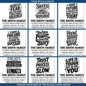 Grid of nine black-and-white return-address stamp design options titled “Your Style Choices,” each featuring a different motivational quote above “THE SMITH FAMILY” and the sample address “123 West Main Street Apt 2, Virginia Beach, VA 23451,” with a footer note: “Choose from one of the styles listed above.”