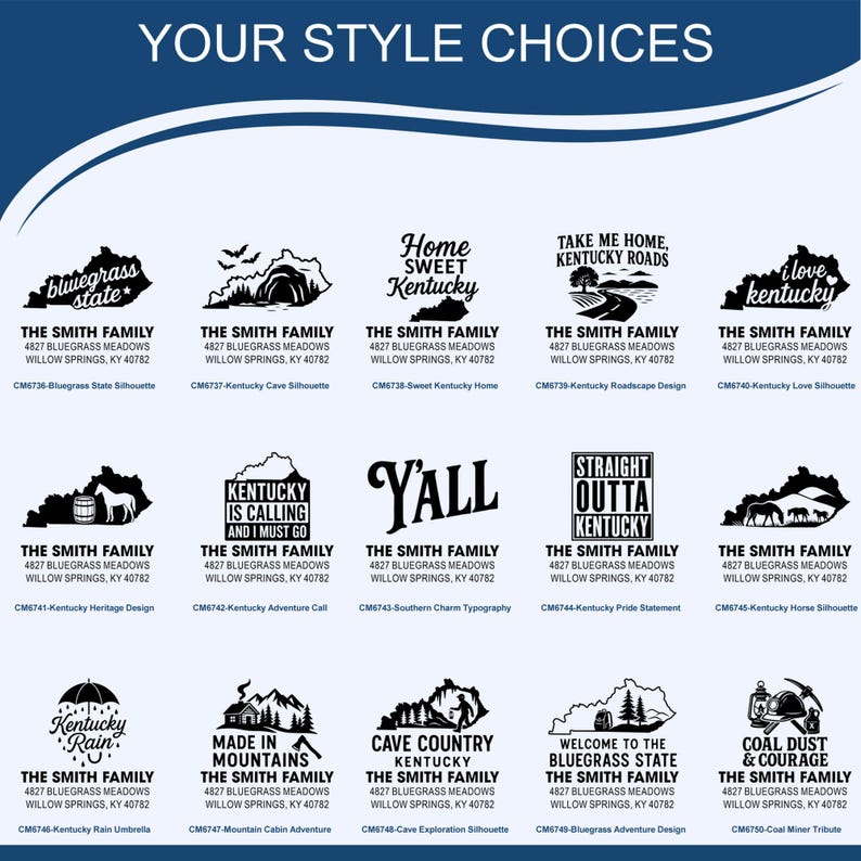 K&ouml;nnte beinhalten: Eine Sammlung von Designs mit Text und Silhouetten zum Thema Kentucky. Designs umfassen "Bluegrass State", "Home Sweet Kentucky", "Kentucky is Calling" und "Coal Dust & Courage". Jedes Design enth&auml;lt einen Firmennamen und eine Adresse.