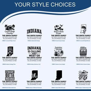 K&ouml;nnte beinhalten: Eine Sammlung von Schwarz-Wei&szlig;-Designs mit dem Text "YOUR STYLE CHOICES". Jedes Design enth&auml;lt den Text "THE SMITH FAMILY" und eine Adresse. Die Designs zeigen verschiedene Indiana-Themen-Grafiken und -Phrasen.