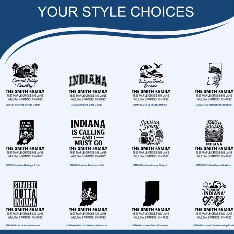 K&ouml;nnte beinhalten: Eine Sammlung von Schwarz-Wei&szlig;-Designs mit dem Text "YOUR STYLE CHOICES". Jedes Design enth&auml;lt den Text "THE SMITH FAMILY" und eine Adresse. Die Designs zeigen verschiedene Indiana-Themen-Grafiken und -Phrasen.