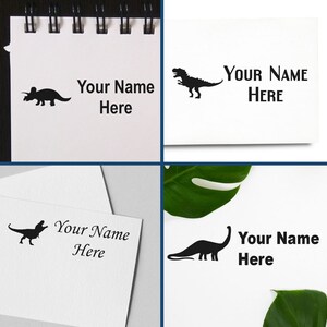 Self-inking dinosaur stamp for uniforms and kids, perfect for labeling with a dinosaur name stamp for camp. Personalize items easily with fun dinosaur designs. Ideal for school, camp, and home use.