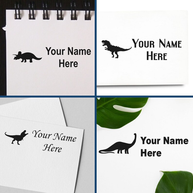 Self-inking dinosaur stamp for uniforms and kids, perfect for labeling with a dinosaur name stamp for camp. Personalize items easily with fun dinosaur designs. Ideal for school, camp, and home use.