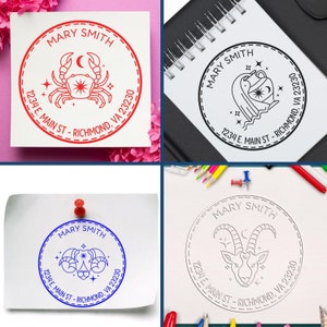 Zodiac Symbols Stamp featuring Cancer, Aquarius, Aries, and Capricorn designs. Perfect as a Return Address Embosser or Celestial Symbols Stamp for personalized stationery. Ideal Address Embosser for adding a celestial touch to your mail.
