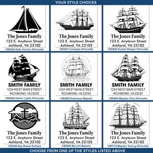 May include: A grid of nine design options for personalized address labels. Each label features a nautical theme, including sailboats and clipper ships, with family names and addresses. The text "YOUR STYLE CHOICES" and "CHOOSE FROM ONE OF THE STYLES LISTED ABOVE" are also present.