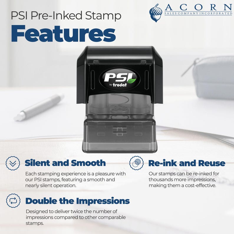 May include: A black PSI pre-inked stamp with the text "Features" in blue. The stamp has the text "PSI by trodat" and a green leaf logo. The image also includes the text "Silent and Smooth", "Re-ink and Reuse", and "Double the Impressions".