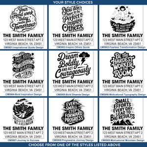 Grid of nine black-and-white personalized address stamp mockups titled “YOUR STYLE CHOICES,” each showing a different motivational quote graphic above sample text “THE SMITH FAMILY, 123 WEST MAIN STREET APT 2, VIRGINIA BEACH, VA 23451,” with a footer reading “CHOOSE FROM ONE OF THE STYLES LISTED ABOVE.”