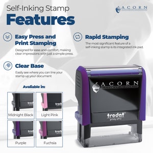 Self-inking stamp featuring magical stationery design. This enchanted stationery item includes a unique address stamp, perfect for adding a personal touch to your documents. Available in Midnight Black, Light Pink, Purple, and Fuchsia.