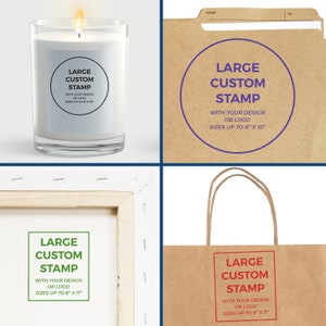 Personalized stamps featuring a signature logo stamp design. Self-inking stamps personalized for various uses, including candles, bags, and frames. Ideal for custom branding and creative projects.