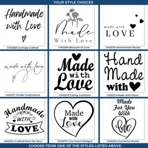 A grid of nine calligraphy stamps with phrases like "Handmade with Love," "Made with Love," and "Handcrafted by." Each stamp has a unique design, featuring hearts and decorative elements. The stamps are labeled with codes like CM2268, CM2269,