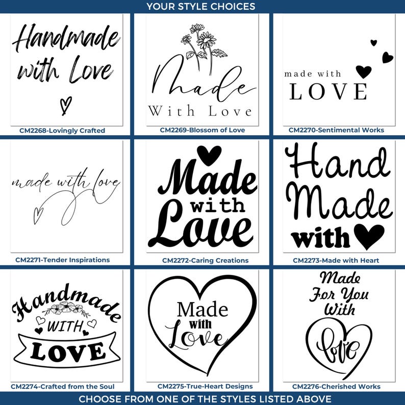 A grid of nine calligraphy stamps with phrases like "Handmade with Love," "Made with Love," and "Handcrafted by." Each stamp has a unique design, featuring hearts and decorative elements. The stamps are labeled with codes like CM2268, CM2269,