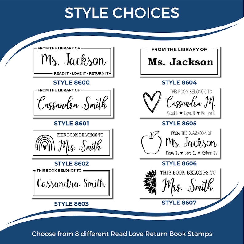Customized Teacher Gift options featuring eight unique book stamp styles. Perfect as a Gift for Teacher or Teacher Appreciation Gift. Each Customizable Teacher Gift allows personalization with teacher's name for a thoughtful touch.
