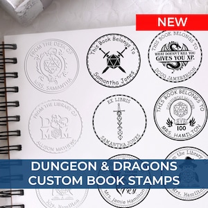 Custom DnD book stamps featuring intricate designs, perfect DnD gifts and accessories for gamers. These unique gifts add a personal touch to any collection, ideal gifts for gamers who love tabletop adventures.