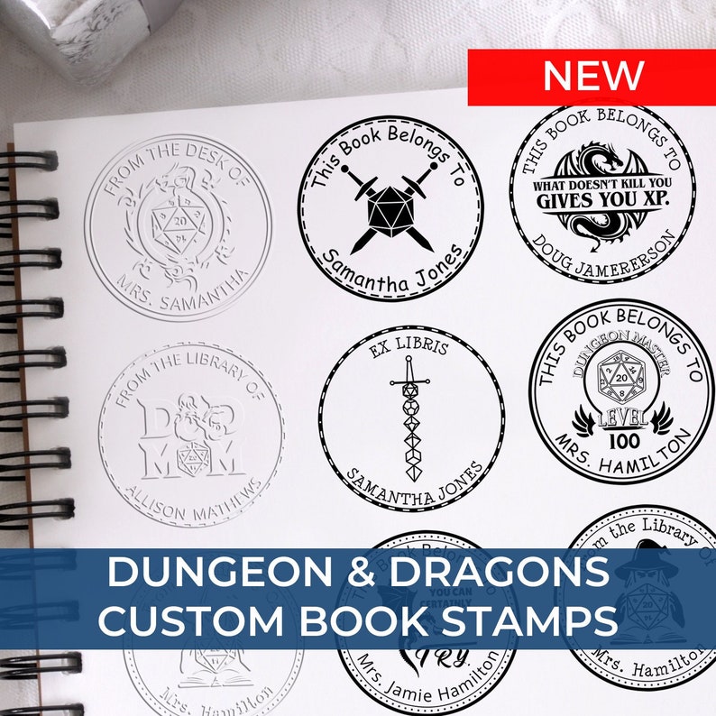 Custom DnD book stamps featuring intricate designs, perfect DnD gifts and accessories for gamers. These unique gifts add a personal touch to any collection, ideal gifts for gamers who love tabletop adventures.