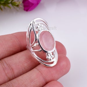 Rose Quartz Sterling Silver Ring: Oval Gemstone Boho Statement Ring, Size 7