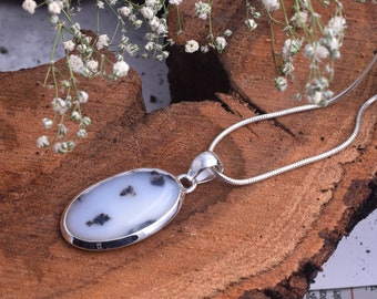 Sterling Silver Dendritic Agate Pendant Necklace - 18 Inch Chain
