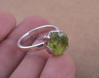 Raw Peridot Sterling Silver Ring: Rock Style Stacking Ring