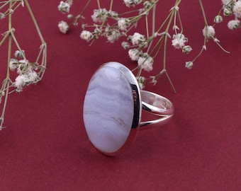 Sterling Silver Blue Lace Agate Ring - Size 7 Statement Ring