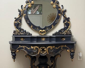 Support Antique Rococo Louis XV avec Miroir Or Vieilli Bleu Marine