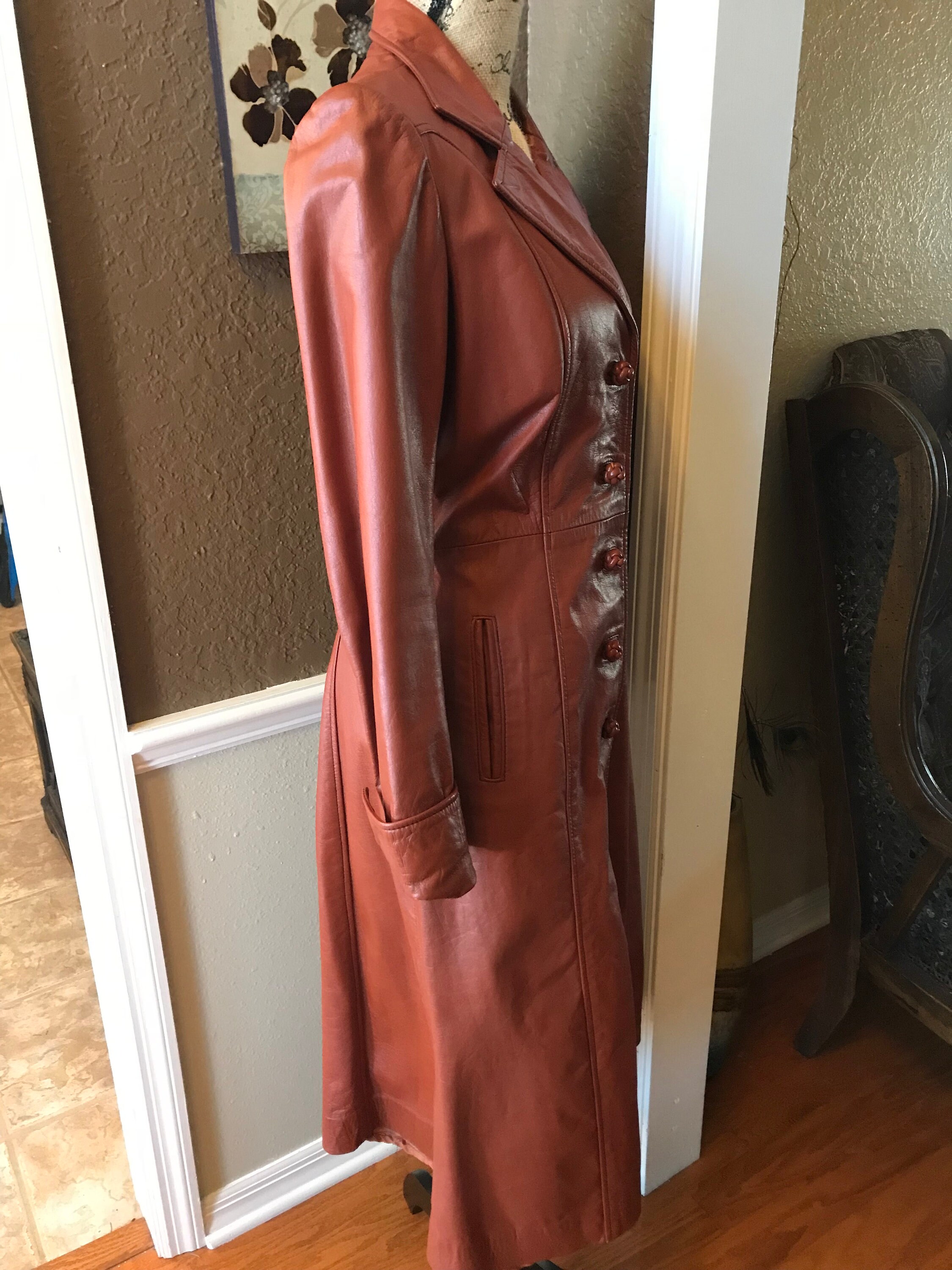 Vtg 70s Orange Leather Duster Trench Coat by Abacus Imports Etsy