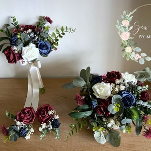 Navy and burgundy bride bouquet - free form bride bouquet