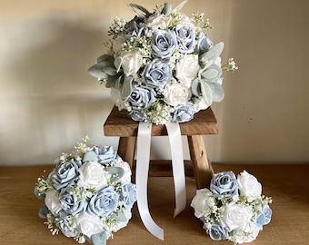 Dusty Blue Foam Rose Bridal Bouquet – Lamb's Ear & Gypsophila