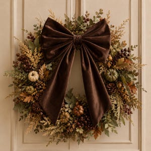 May include: A circular wreath featuring a large, dark brown velvet bow at the top. The wreath is decorated with various autumn-themed elements, including small pumpkins in shades of white and green, brown pinecones, dark berries, and dried foliage.
