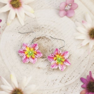 Earrings with cold porcelain white and pink lilies