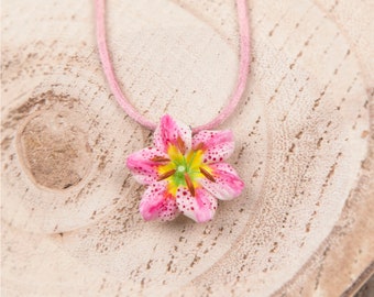 Necklace with white and pink lily pendant made of cold porcelain