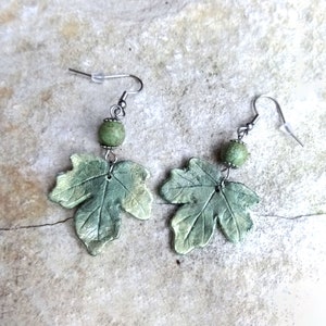 Earrings with cold porcelain maple leaves and natural stones