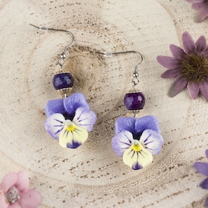 Earrings with cold porcelain pansies and semi precious stone beads