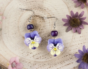 Earrings with cold porcelain pansies and semi precious stone beads