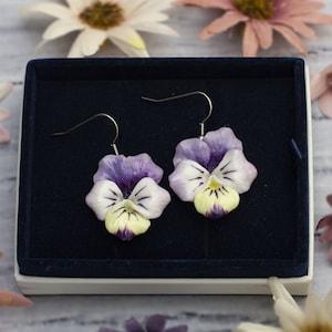 Earrings with violet cold porcelain pansies