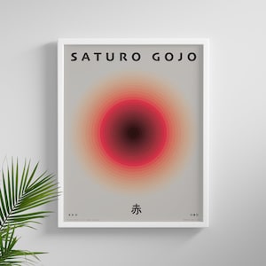May include: A white framed poster with the text "SATURO GOJO" in black lettering. The poster features a red and orange gradient circle with concentric rings. The Japanese character "Gojo" is printed in black at the bottom of the poster.