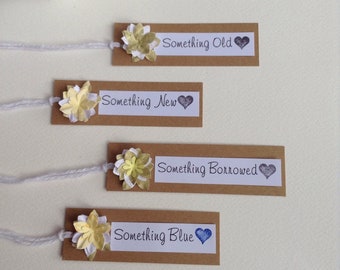 Pack of 4 Rustic Wedding gift tags Something Old Something New Something Borrowed Something Blue with Handmade 3D flower