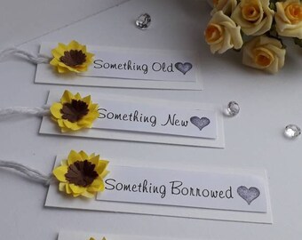 Pack of 4 Wedding gift tags Something Old Something New Something Borrowed Something Blue with 3D Sunflower