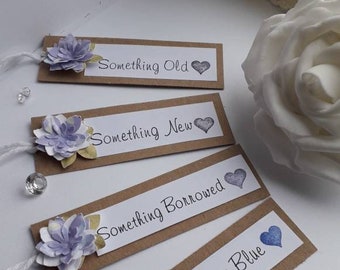 Pack of 4 Rustic Wedding gift tags Something Old Something New Something Borrowed Something Blue with 3D flower