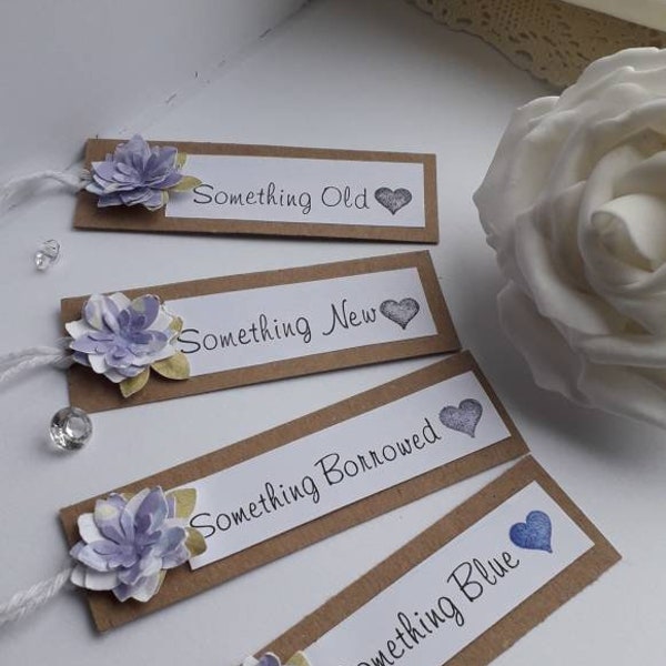 Pack of 4 Rustic Wedding gift tags Something Old Something New Something Borrowed Something Blue with 3D flower