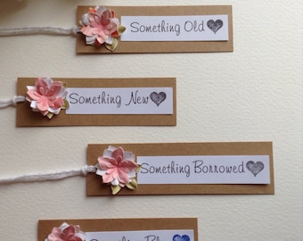 Pack of 4 Rustic Wedding gift tags Something Old Something New Something Borrowed Something Blue with 3D flower