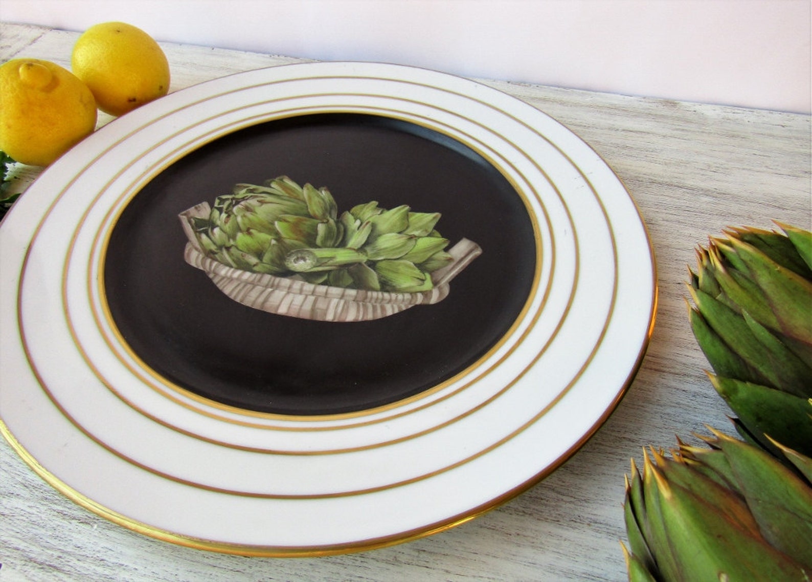 Still Life Hand Painted Porcelain Plate With Artichokes Still Etsy